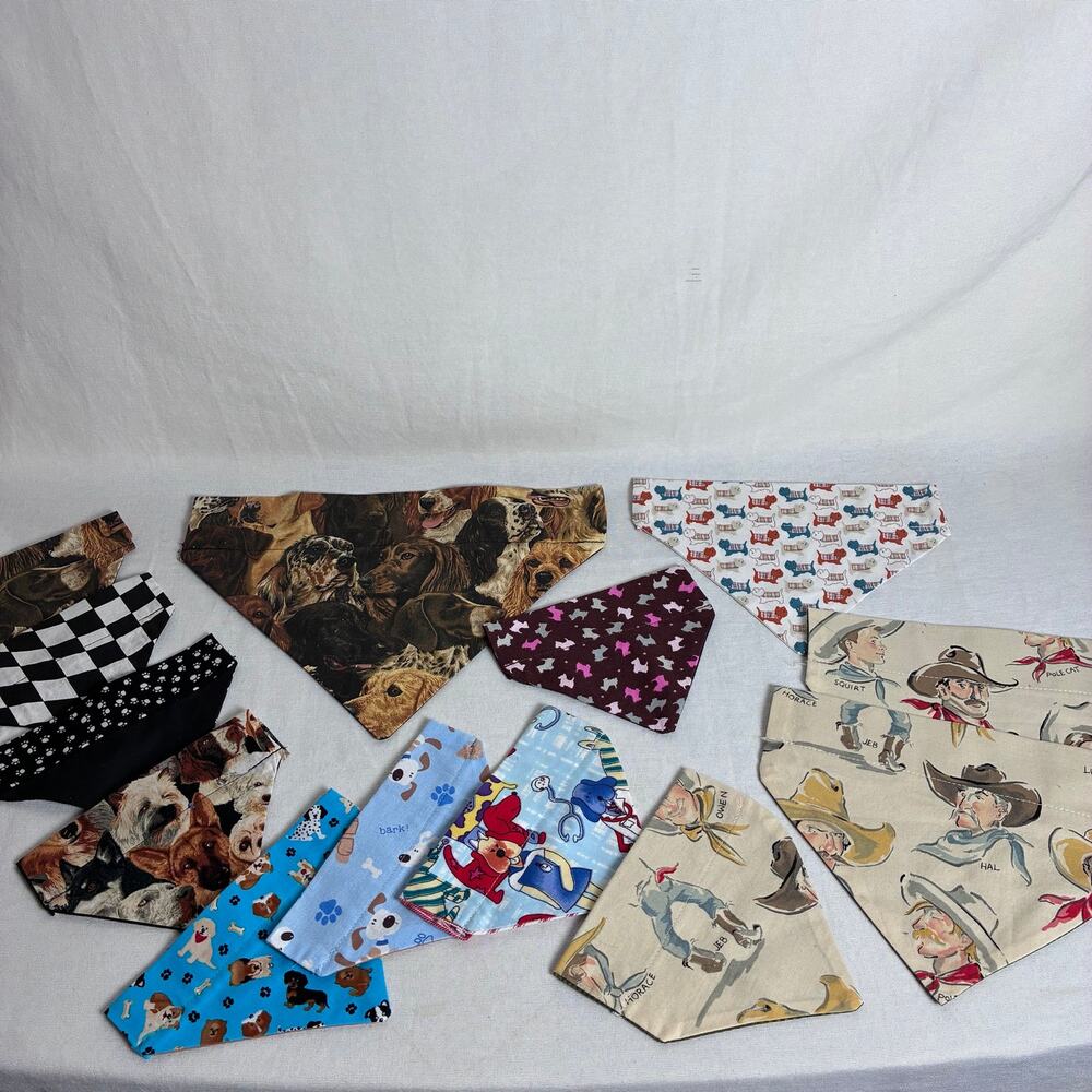 Lot of 13 Reversible Dog Bandanas Over The Collar Slip On Pet Scarves Mixed Size